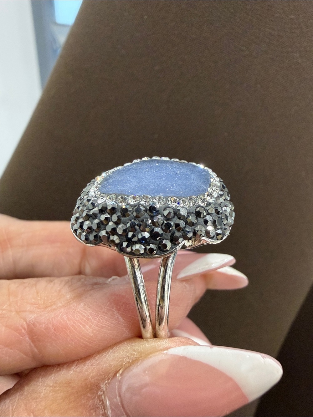 Sterling Silver Ring with Lavender Druzy and Black Crystal Pavé 8